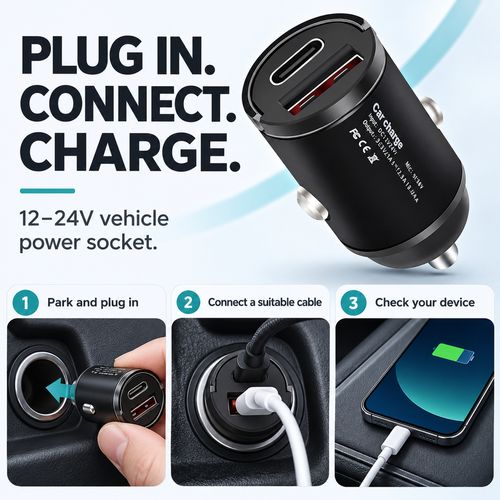 Mini USB-C & USB-A Car Charger with Pull Handle