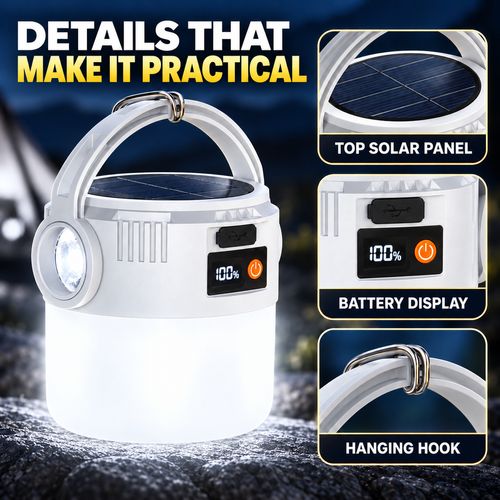 Solar Rechargeable Camping Lantern with Digital Battery Display & Side Torch