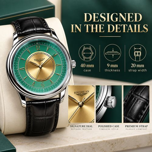 BINLIHUAN Green & Gold Dial Quartz Watch