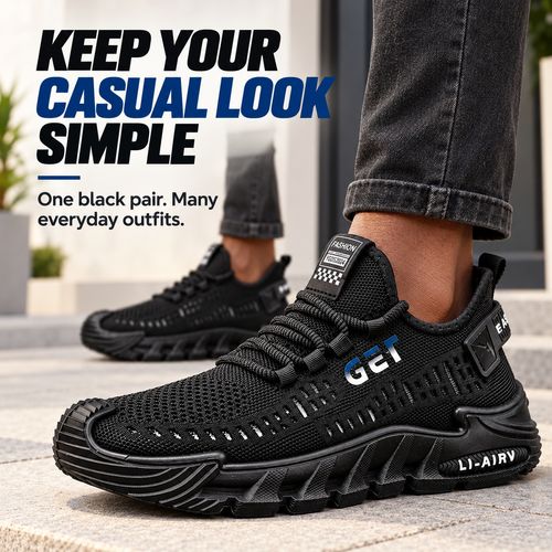 Black Breathable Knit Lace-Up Sneakers
