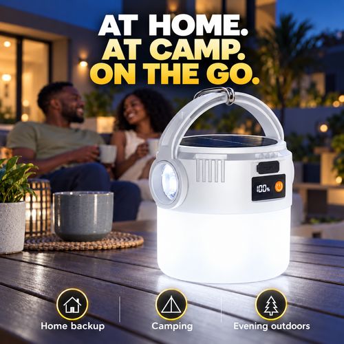 Solar Rechargeable Camping Lantern with Digital Battery Display & Side Torch
