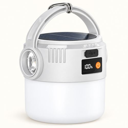 Solar Rechargeable Camping Lantern with Digital Battery Display & Side Torch