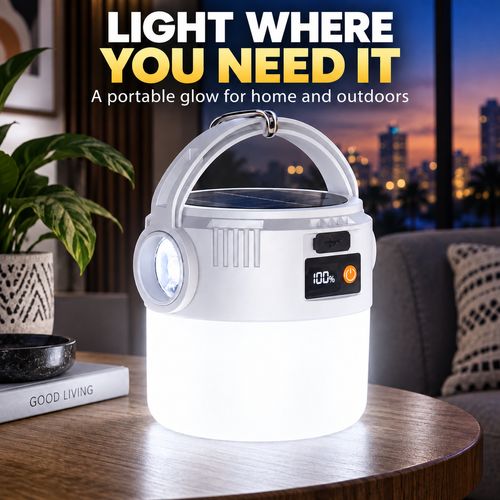 Solar Rechargeable Camping Lantern with Digital Battery Display & Side Torch