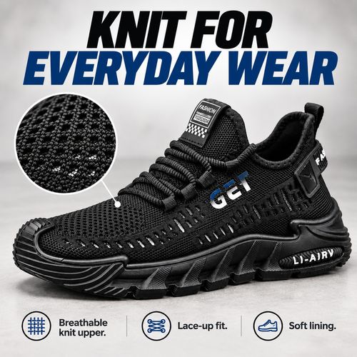 Black Breathable Knit Lace-Up Sneakers