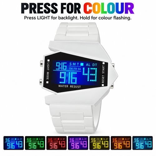 Aircraft-Style Digital Watch with Seven-Colour Flashing Light