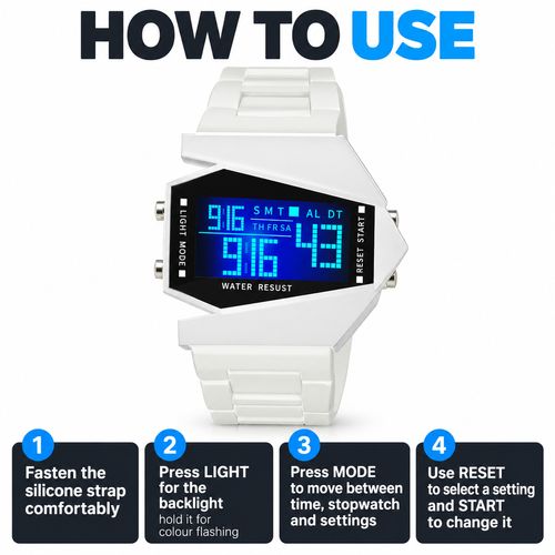 Aircraft-Style Digital Watch with Seven-Colour Flashing Light