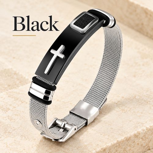 Adjustable Cross Mesh Bracelet | Black & Silver