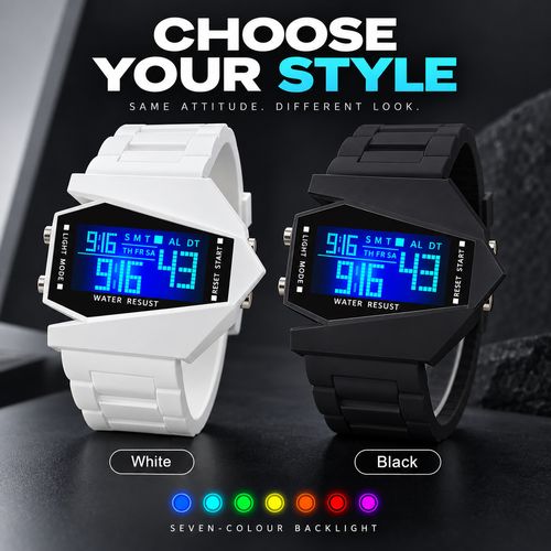 Aircraft-Style Digital Watch with Seven-Colour Flashing Light