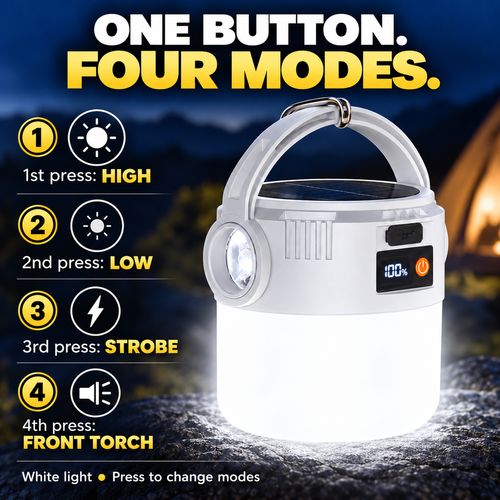 Solar Rechargeable Camping Lantern with Digital Battery Display & Side Torch