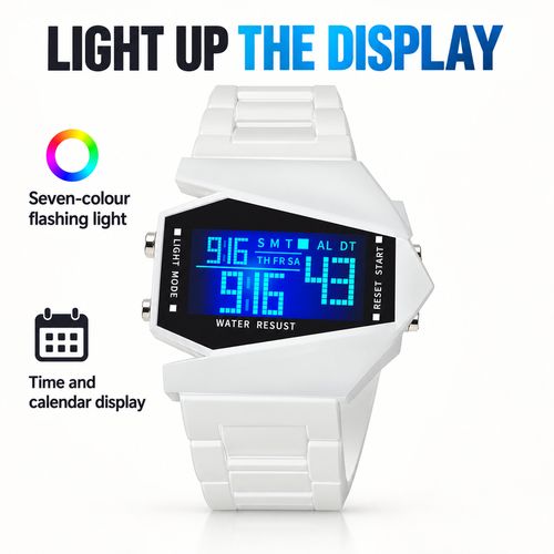Aircraft-Style Digital Watch with Seven-Colour Flashing Light
