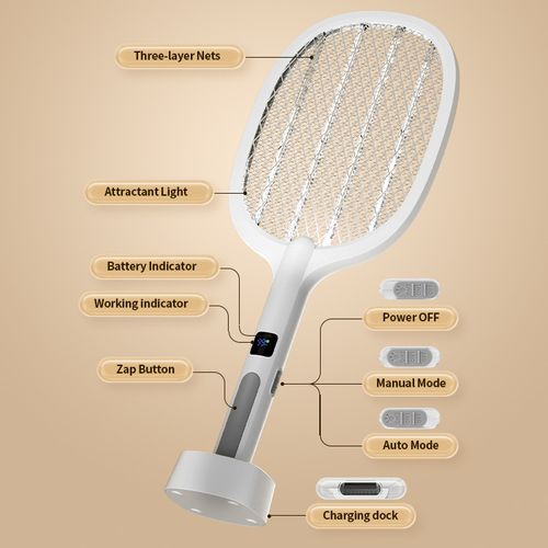 Rechargeable Electric Mosquito Swatter Racket with LED Light – White