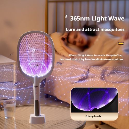 Rechargeable Electric Mosquito Swatter Racket with LED Light – White