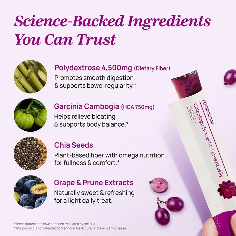 FOODOLOGY Coleology Bowel Movement Jelly | Gut Comfort Relieves Bloating and Supports more Comfortable Grape-Flavored Jelly Sticks,Fiber Supplement , Garcinia Cambogia, Collagen, Chia Seeds-1 Pack of 10