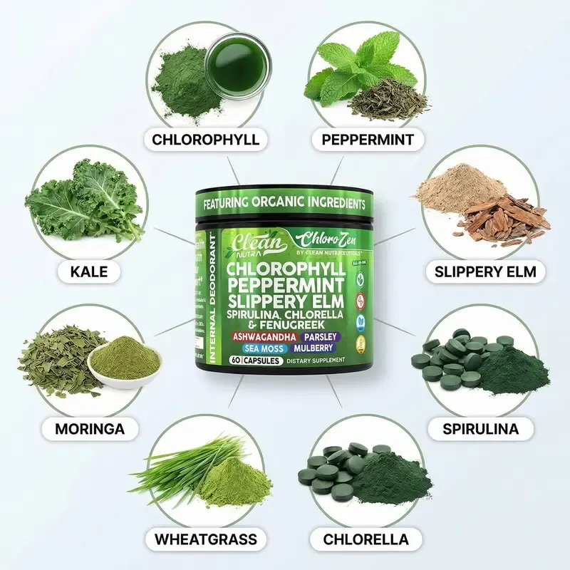 Clean Nutra Chlorophyll Capsules Internal Deodorant Peppermint, Slippery Elm, Spirulina, Chlorella, Fenugreek & More for Odor Control + Gut Cleanse Capsules – ChloroZen