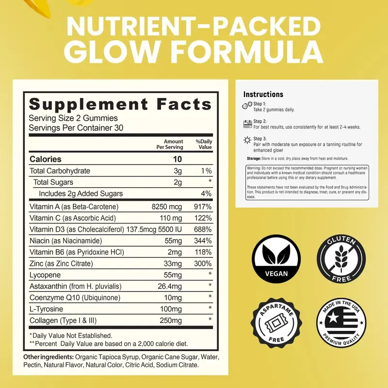Gleaux Edible Tanning Gummies - Natural Dietary Antioxidant Supplement for Women, Men - Sun-Free Oral Self-Tan Alternative, Fast-Acting Melanin Boost with Beta Carotene, Astaxanthin, Lycopene, Niacinamide