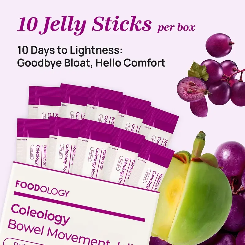 FOODOLOGY Coleology Bowel Movement Jelly | Gut Comfort Relieves Bloating and Supports more Comfortable Grape-Flavored Jelly Sticks,Fiber Supplement , Garcinia Cambogia, Collagen, Chia Seeds-1 Pack of 10