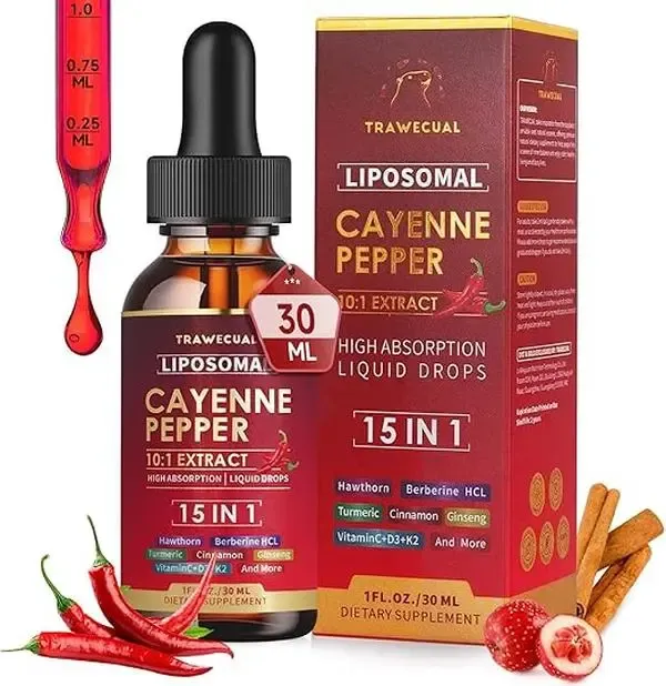 Trawecual Liposomal Cayenne Pepper Drops | 15-in-1 with Berberine, D3+K2, Turmeric & Beet Root | Boosts Metabolism, Energy & Circulation - Fast Absorption 30ml,travel essentials