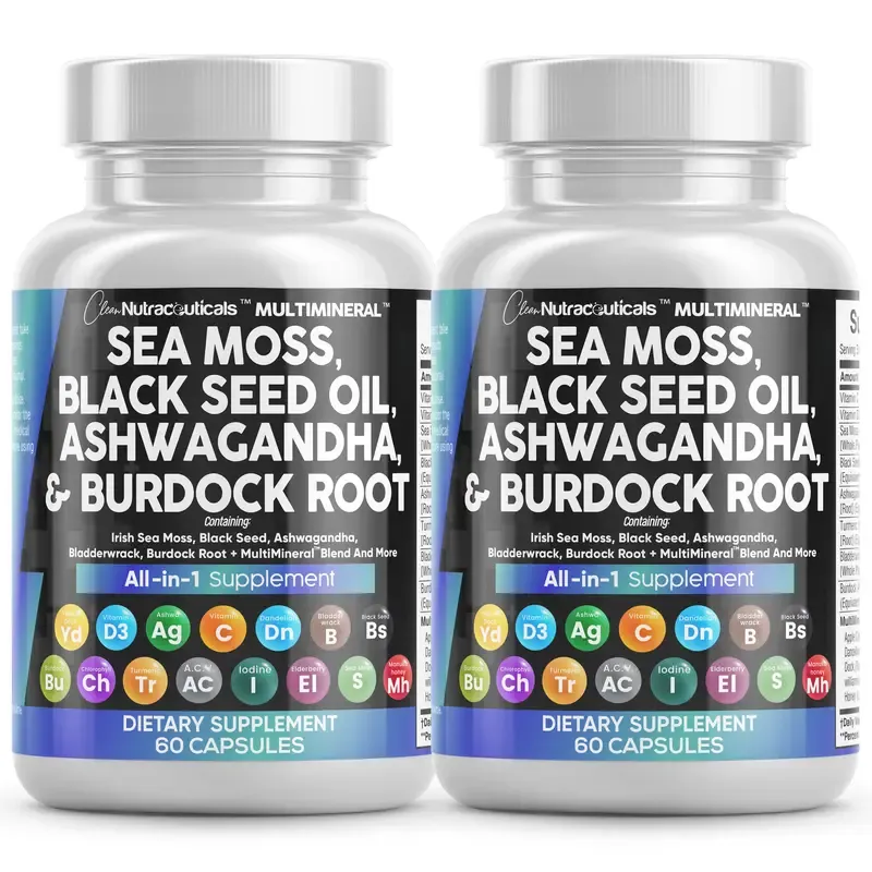 Clean Nutraceuticals Sea Moss Black Seed Oil Ashwagandha Supplement Turmeric, Bladderwrack, Burdock, Vitamin C, Vitamin D3 with Elderberry Manuka Supplement Capsules – MultiMineral