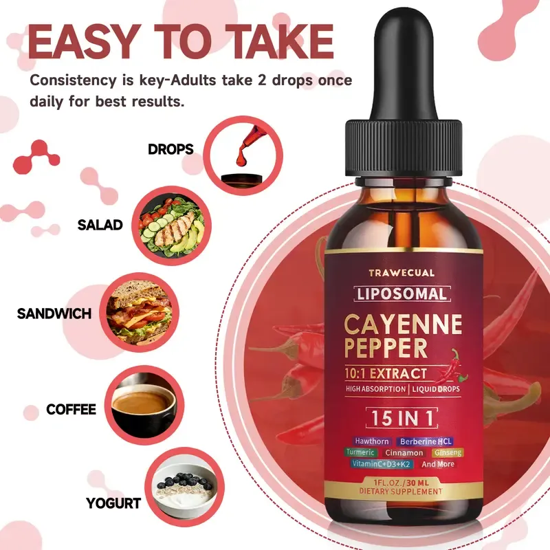 Trawecual Liposomal Cayenne Pepper Drops | 15-in-1 with Berberine, D3+K2, Turmeric & Beet Root | Boosts Metabolism, Energy & Circulation - Fast Absorption 30ml,travel essentials