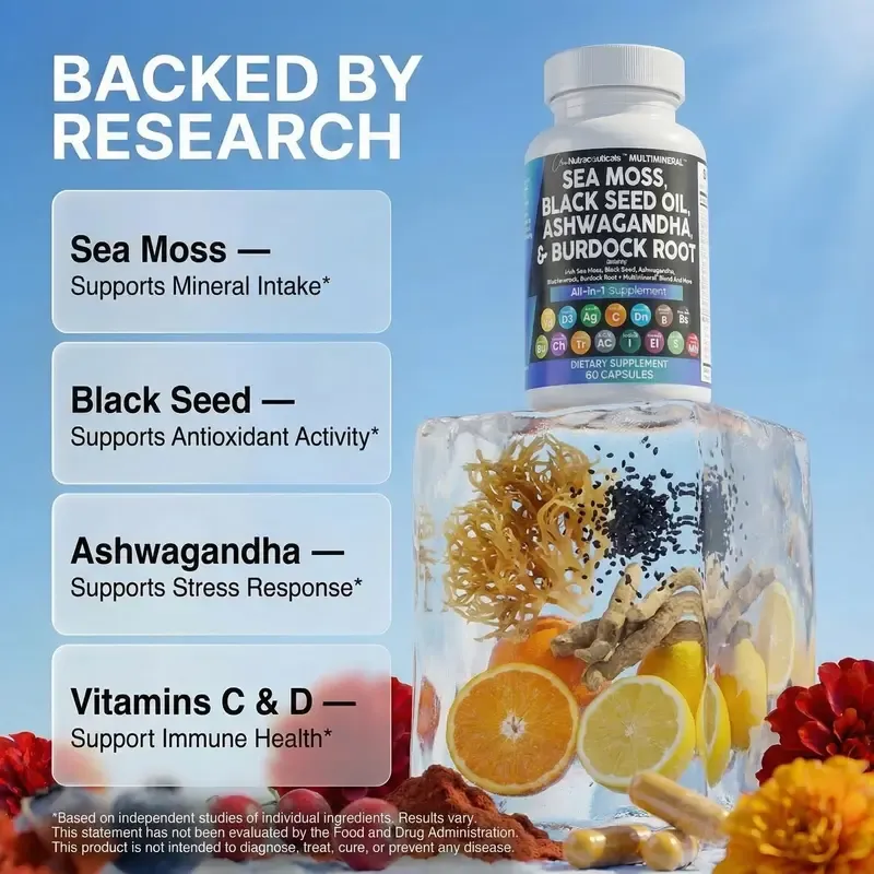 Clean Nutraceuticals Sea Moss Black Seed Oil Ashwagandha Supplement Turmeric, Bladderwrack, Burdock, Vitamin C, Vitamin D3 with Elderberry Manuka Supplement Capsules – MultiMineral