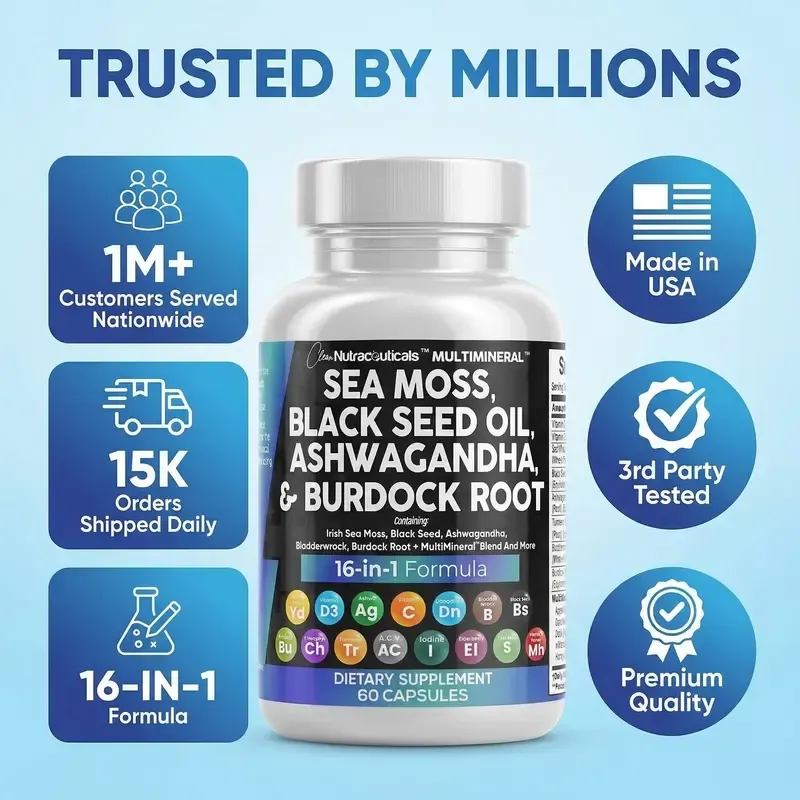 Clean Nutraceuticals Sea Moss Black Seed Oil Ashwagandha Supplement Turmeric, Bladderwrack, Burdock, Vitamin C, Vitamin D3 with Elderberry Manuka Supplement Capsules – MultiMineral