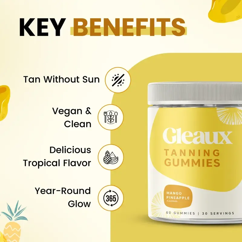 Gleaux Edible Tanning Gummies - Natural Dietary Antioxidant Supplement for Women, Men - Sun-Free Oral Self-Tan Alternative, Fast-Acting Melanin Boost with Beta Carotene, Astaxanthin, Lycopene, Niacinamide