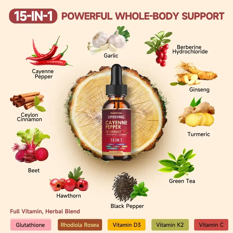 Trawecual Liposomal Cayenne Pepper Drops | 15-in-1 with Berberine, D3+K2, Turmeric & Beet Root | Boosts Metabolism, Energy & Circulation - Fast Absorption 30ml,travel essentials
