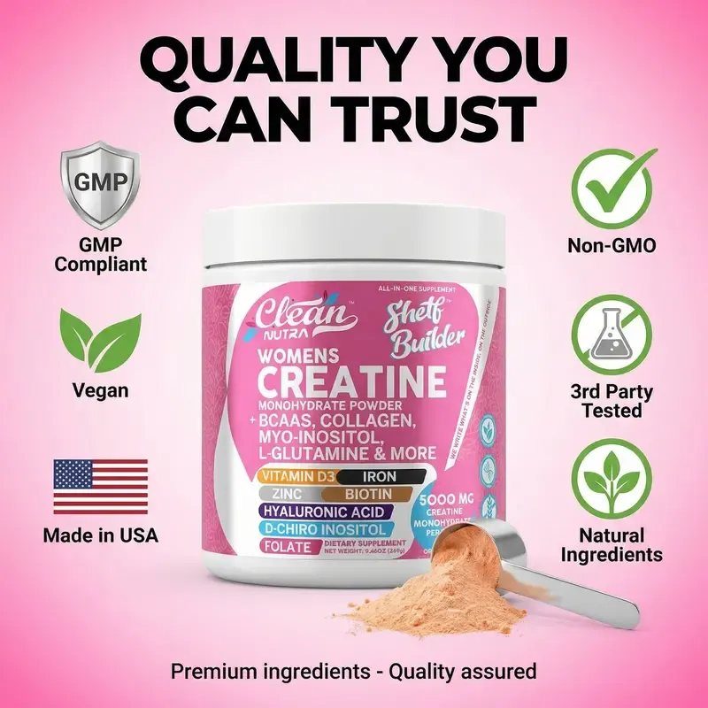Clean Nutra Women's Creatine Monohydrate Powder with BCAAs, Collagen, Myo-Inositol, L-Glutamine, & More for Optimal Wellness & Beauty Support – Shelf Builder