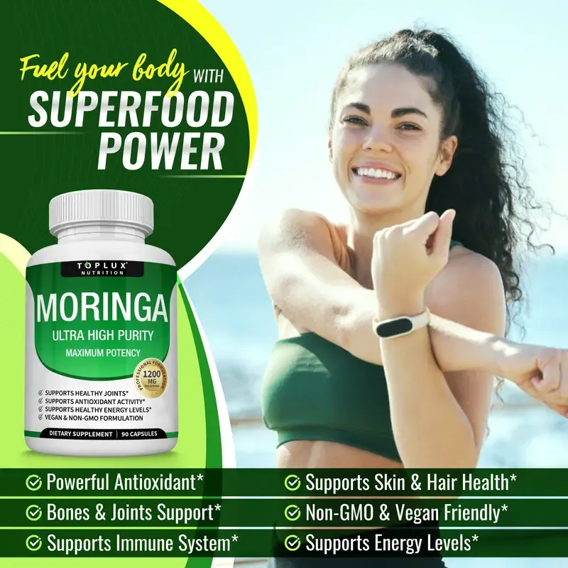 Toplux Moringa Capsules 1200mg - Pure Moringa Powder for Immune, Gut health 90 Capsules