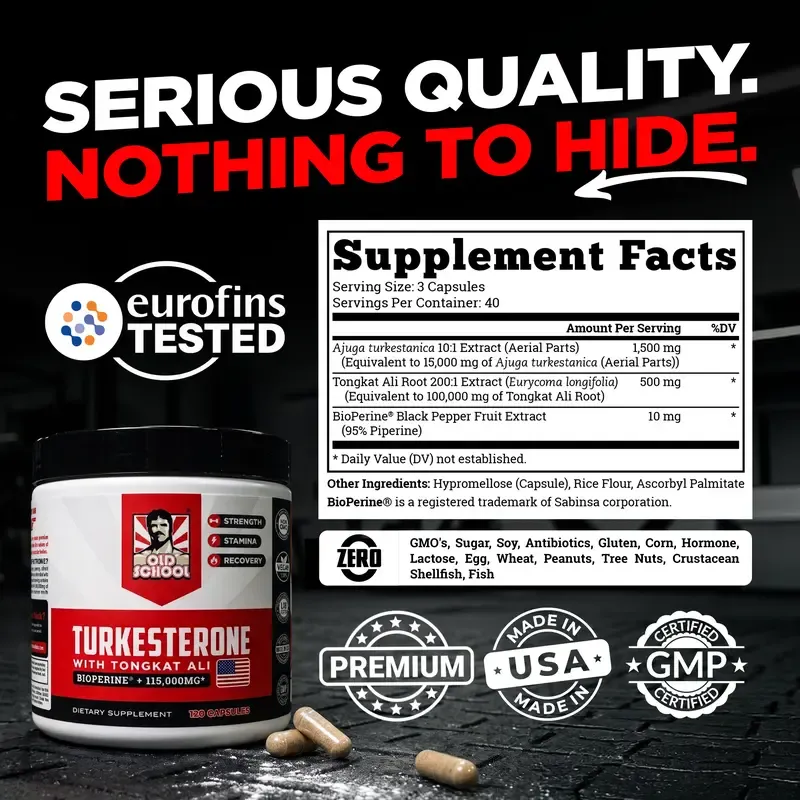 Old School Labs Turkesterone for Men with Tongkat Ali & BioPerine - Supports Men is Fitness  Performance & Vitality Support  Significantly effective for small penis size  erectile dysfunction and premature ejaculation 120 Capsules