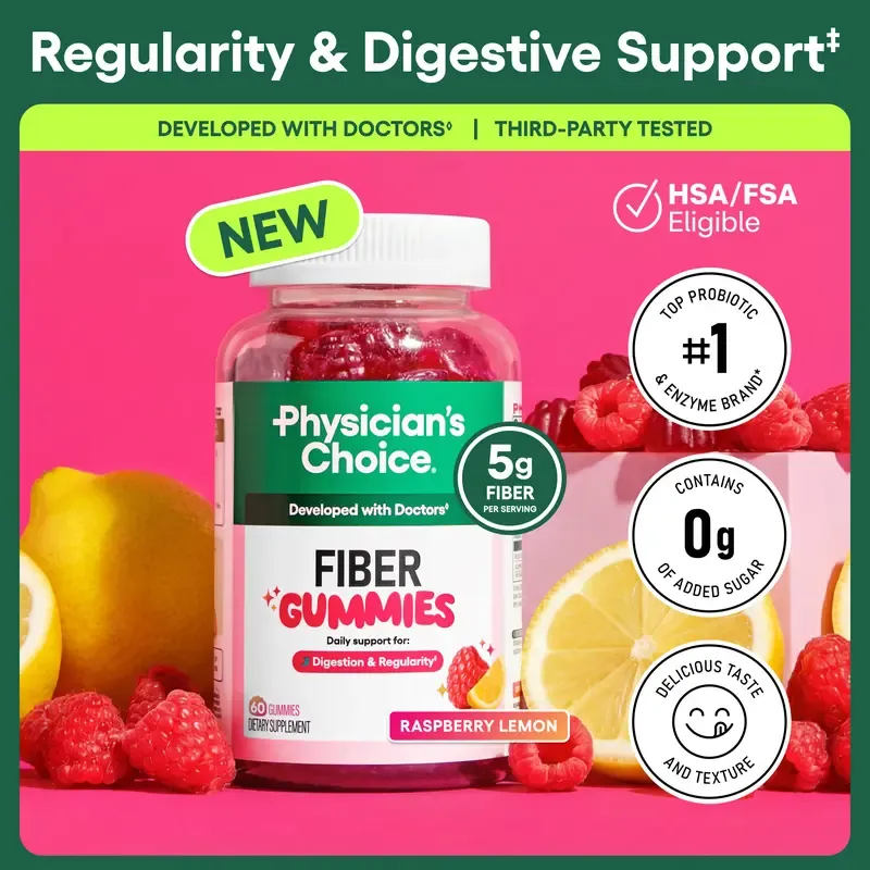 Physician Choice Fiber Gummies for Digestive Health & Regularity - HSA  FSA Eligible - No Sugar Added & Vegan - Daily Gummy for Adults