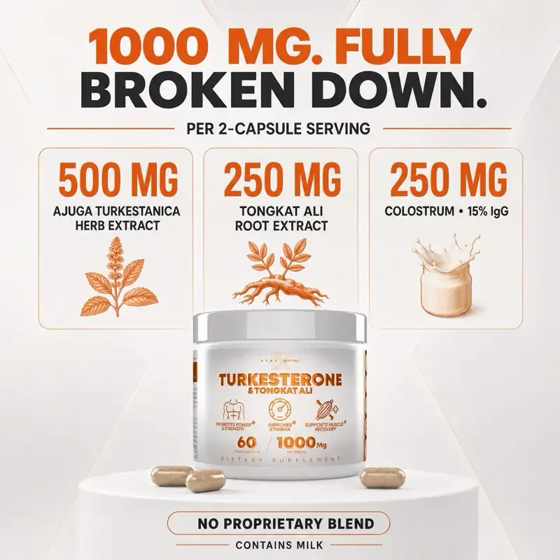 Peak Revival-X Natural Testosterone Booster for Men - Turkish Testosterone 1000 mg, Tongkat Ali, Colostrum - Enhances strength, endurance, energy, promotes recovery, builds muscle, and improves erectile function in middle-aged and older men - Eurofins tested pre-workout supplement, 60 capsules, fitness supplement, endurance supplement.