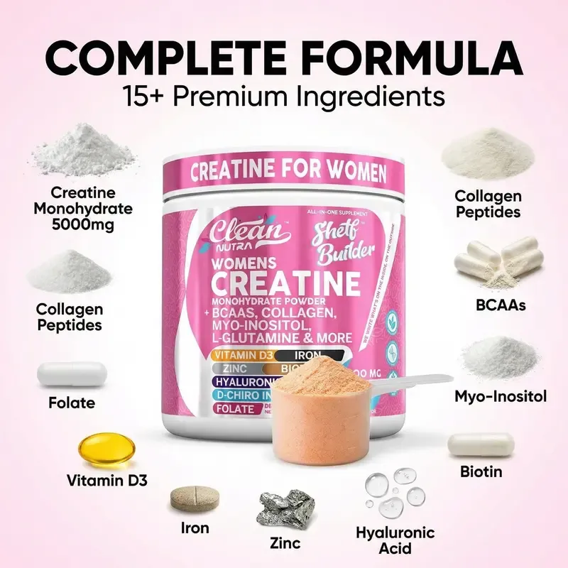 Clean Nutra Women's Creatine Monohydrate Powder with BCAAs, Collagen, Myo-Inositol, L-Glutamine, & More for Optimal Wellness & Beauty Support – Shelf Builder