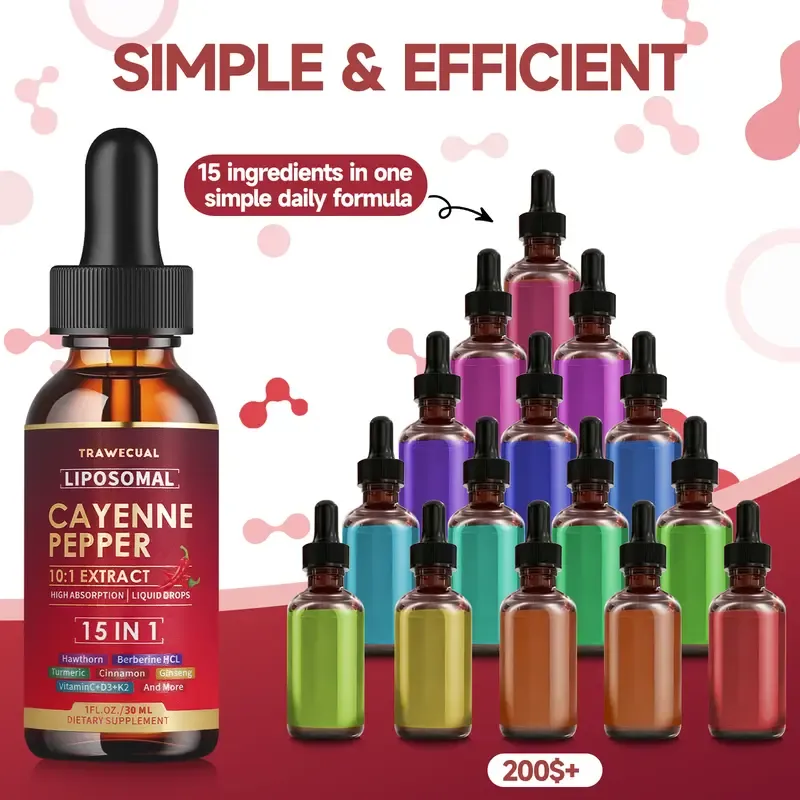 Trawecual Liposomal Cayenne Pepper Drops | 15-in-1 with Berberine, D3+K2, Turmeric & Beet Root | Boosts Metabolism, Energy & Circulation - Fast Absorption 30ml,travel essentials