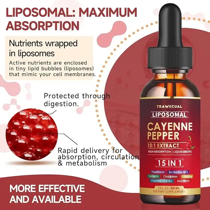Trawecual Liposomal Cayenne Pepper Drops | 15-in-1 with Berberine, D3+K2, Turmeric & Beet Root | Boosts Metabolism, Energy & Circulation - Fast Absorption 30ml,travel essentials