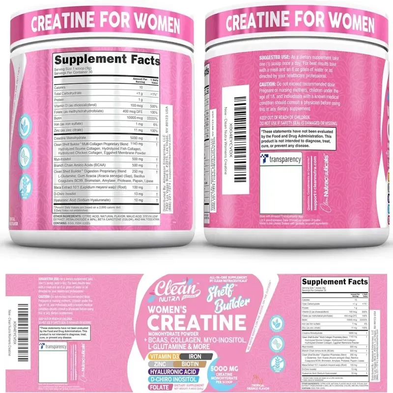 Clean Nutra Women's Creatine Monohydrate Powder with BCAAs, Collagen, Myo-Inositol, L-Glutamine, & More for Optimal Wellness & Beauty Support – Shelf Builder