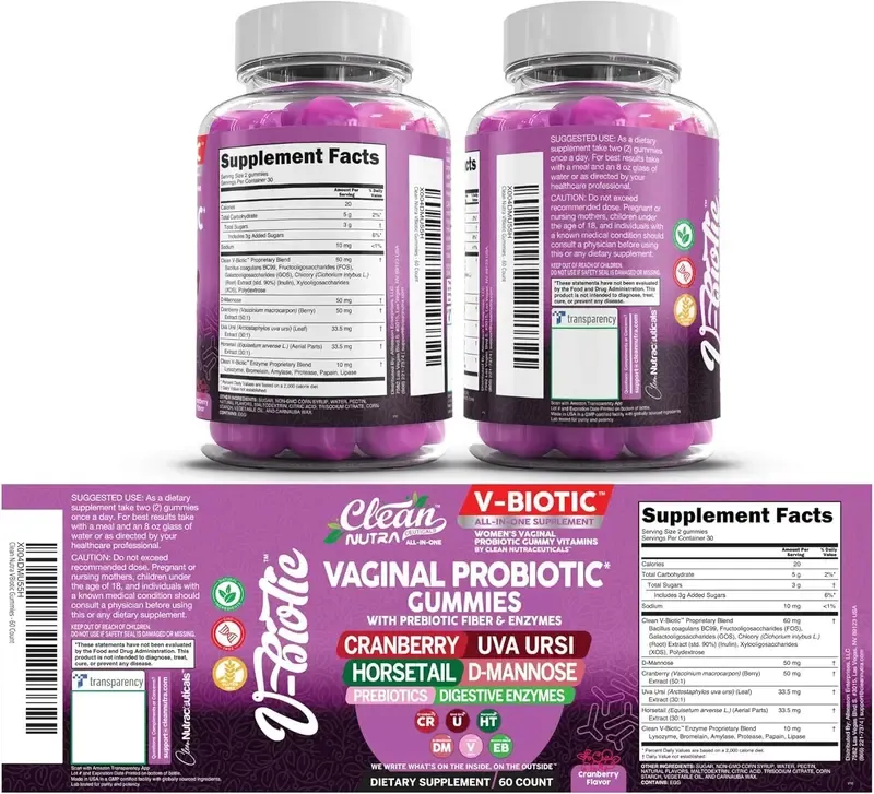 Clean Nutra Prebiotics Fiber & Enzymes, Cranberry, Uva Ursi, Horestail & D-mannose for Women's Digestive Health Gummies – VBiotic
