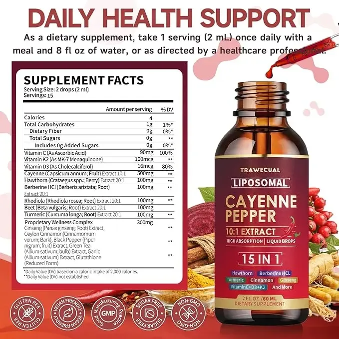 Trawecual Liposomal Cayenne Pepper Drops | 15-in-1 with Berberine, D3+K2, Turmeric & Beet Root | Boosts Metabolism, Energy & Circulation - Fast Absorption 30ml,travel essentials