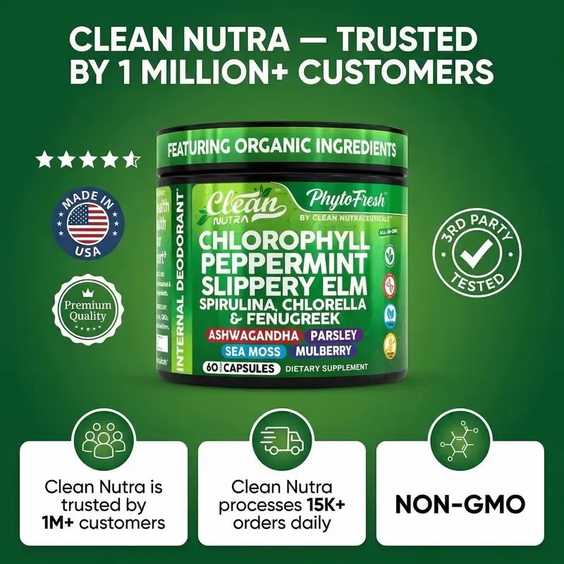 Clean Nutra Chlorophyll Capsules Internal Deodorant Peppermint, Slippery Elm, Spirulina, Chlorella, Fenugreek & More for Odor Control + Gut Cleanse Capsules – ChloroZen