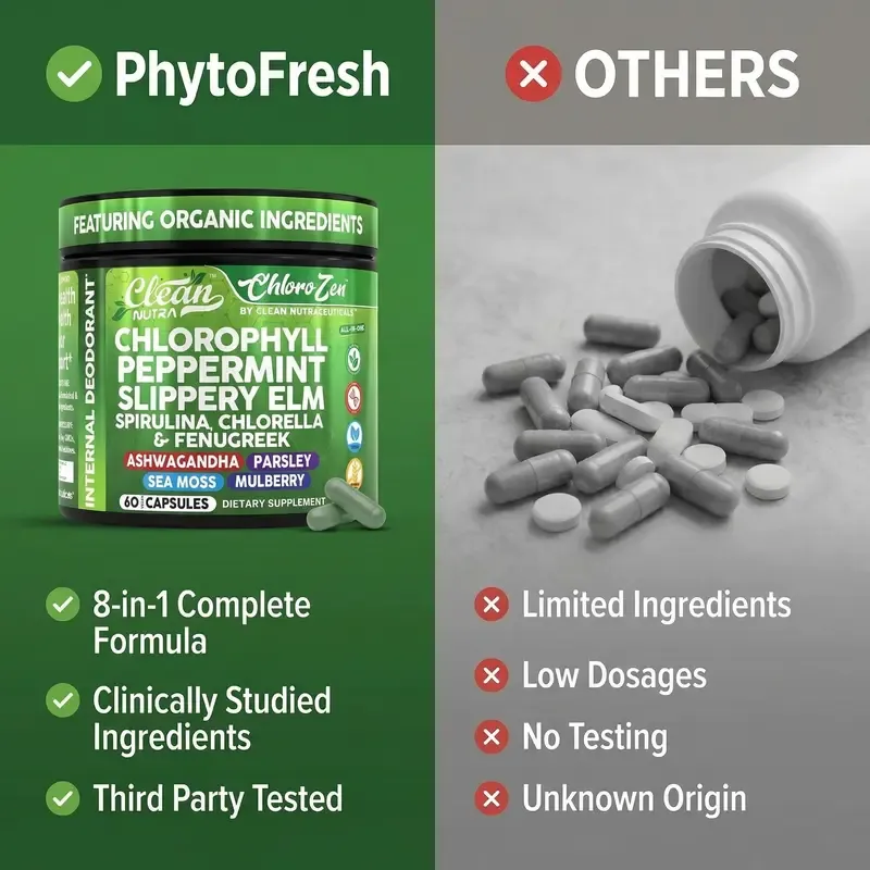 Clean Nutra Chlorophyll Capsules Internal Deodorant Peppermint, Slippery Elm, Spirulina, Chlorella, Fenugreek & More for Odor Control + Gut Cleanse Capsules – ChloroZen