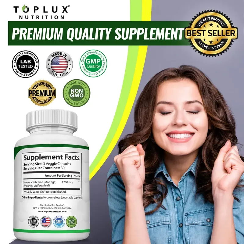 Toplux Moringa Capsules 1200mg - Pure Moringa Powder for Immune, Gut health 90 Capsules