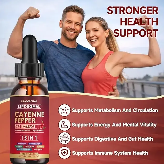 Trawecual Liposomal Cayenne Pepper Drops | 15-in-1 with Berberine, D3+K2, Turmeric & Beet Root | Boosts Metabolism, Energy & Circulation - Fast Absorption 30ml,travel essentials