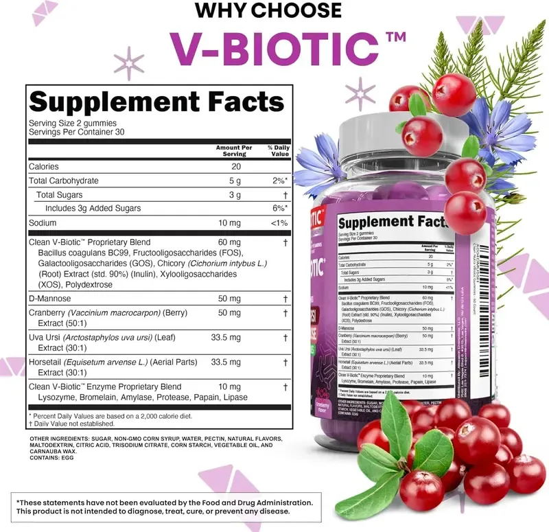 Clean Nutra Prebiotics Fiber & Enzymes, Cranberry, Uva Ursi, Horestail & D-mannose for Women's Digestive Health Gummies – VBiotic