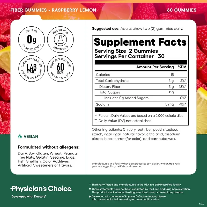 Physician Choice Fiber Gummies for Digestive Health & Regularity - HSA  FSA Eligible - No Sugar Added & Vegan - Daily Gummy for Adults