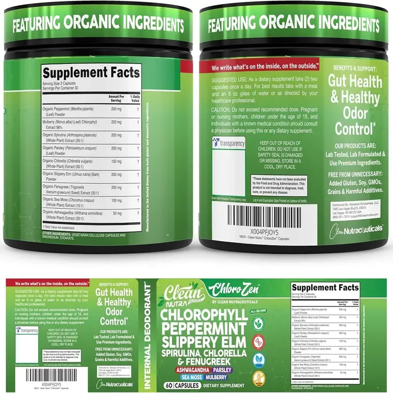 Clean Nutra Chlorophyll Capsules Internal Deodorant Peppermint, Slippery Elm, Spirulina, Chlorella, Fenugreek & More for Odor Control + Gut Cleanse Capsules – ChloroZen