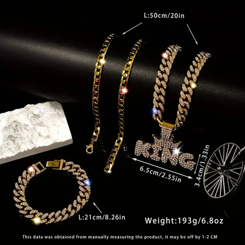 Punk Hip Hop Crown Letter KING Pendant Cuban Chain Necklace Bracelet (3 Pcs)