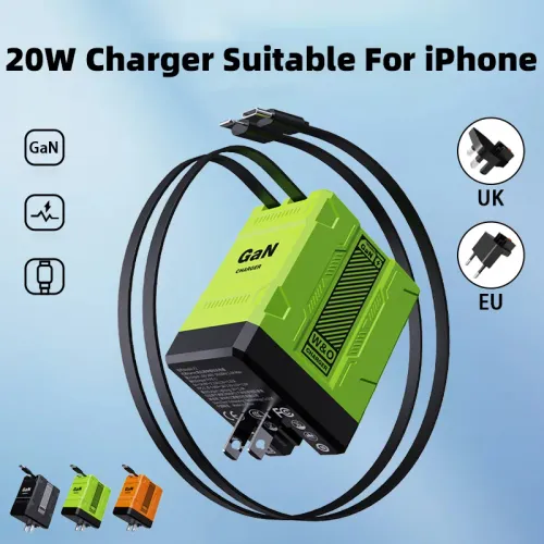 PD20W GaN Charger Fast Charger With Retractable Type-C Data Cable And Lightning Cable Flash Charging