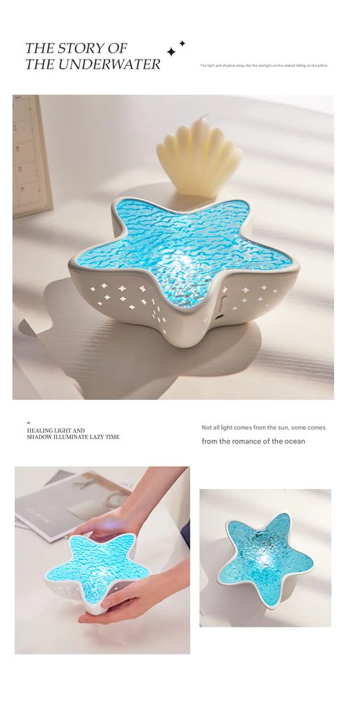 Starfish Projector Lamp - Water Ripple Night Light with Ocean Blue Ambience, Bedroom Decorative Lamp, Romantic Gift for Birthdays & Special Occasions, Marine-Themed Ambient Light