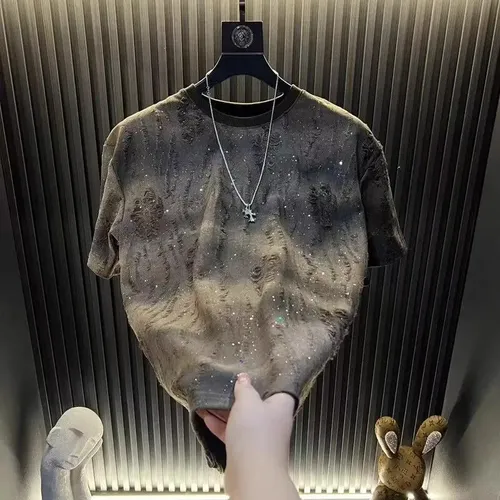 Summer Tear Men Clothing Summer Rhinestone Rivet T-shirt Round Neck Casual T-shirt