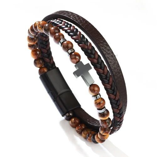 Natural volcanic stone elements, simple cross multi-layer bracelet
